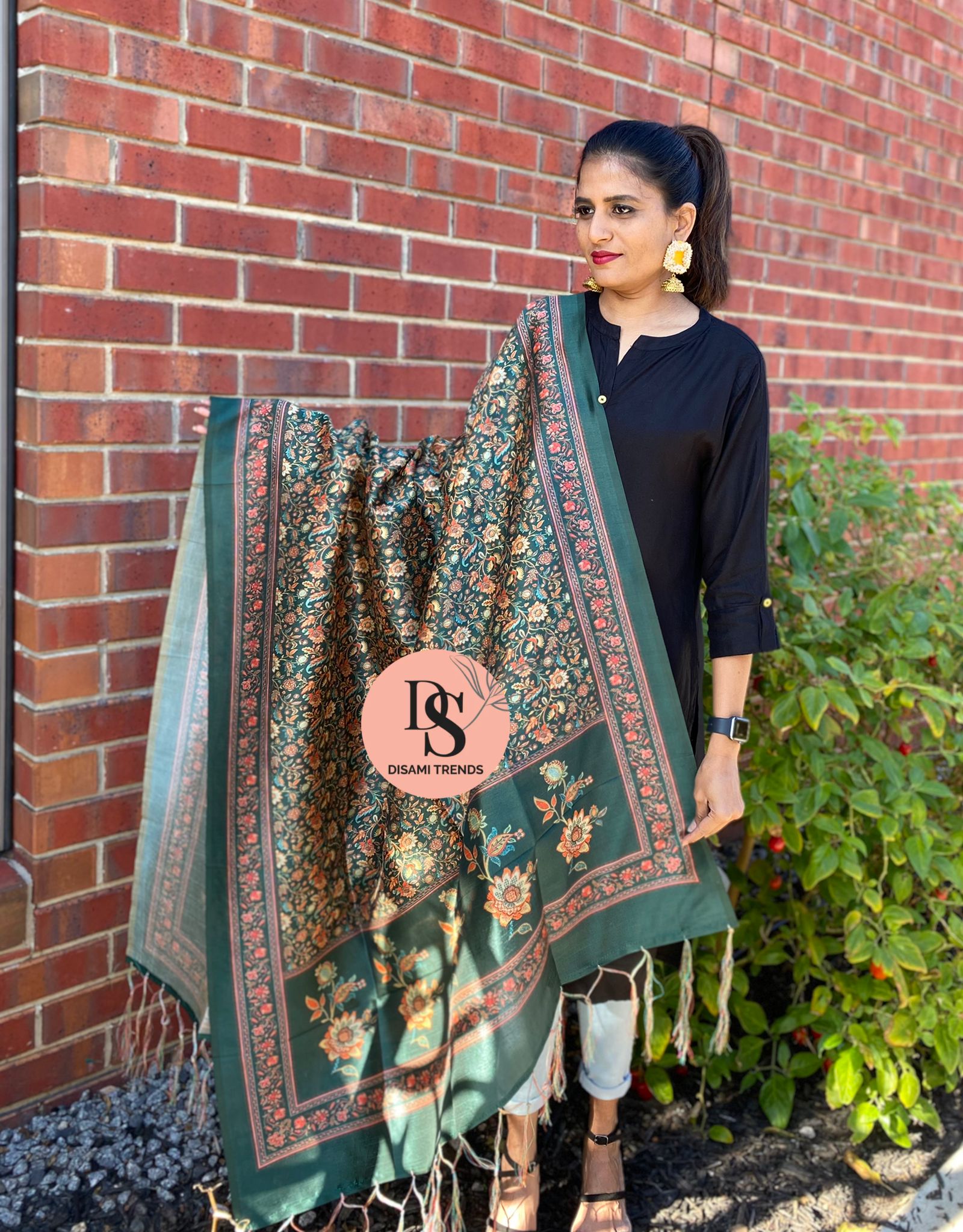 Leafy print green katan silk dupatta