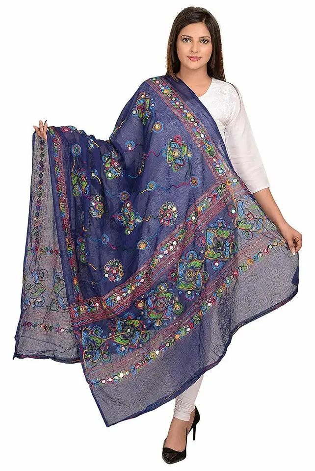 Blue Color Different Design Mirror Work Soft Cotton Dupatta Only