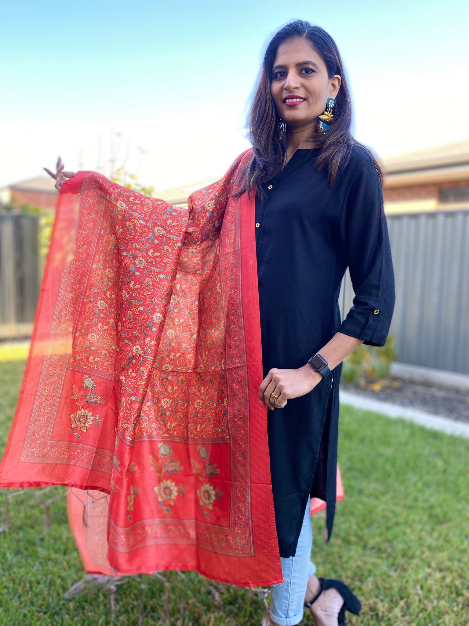 Leafy print orange katan silk dupatta