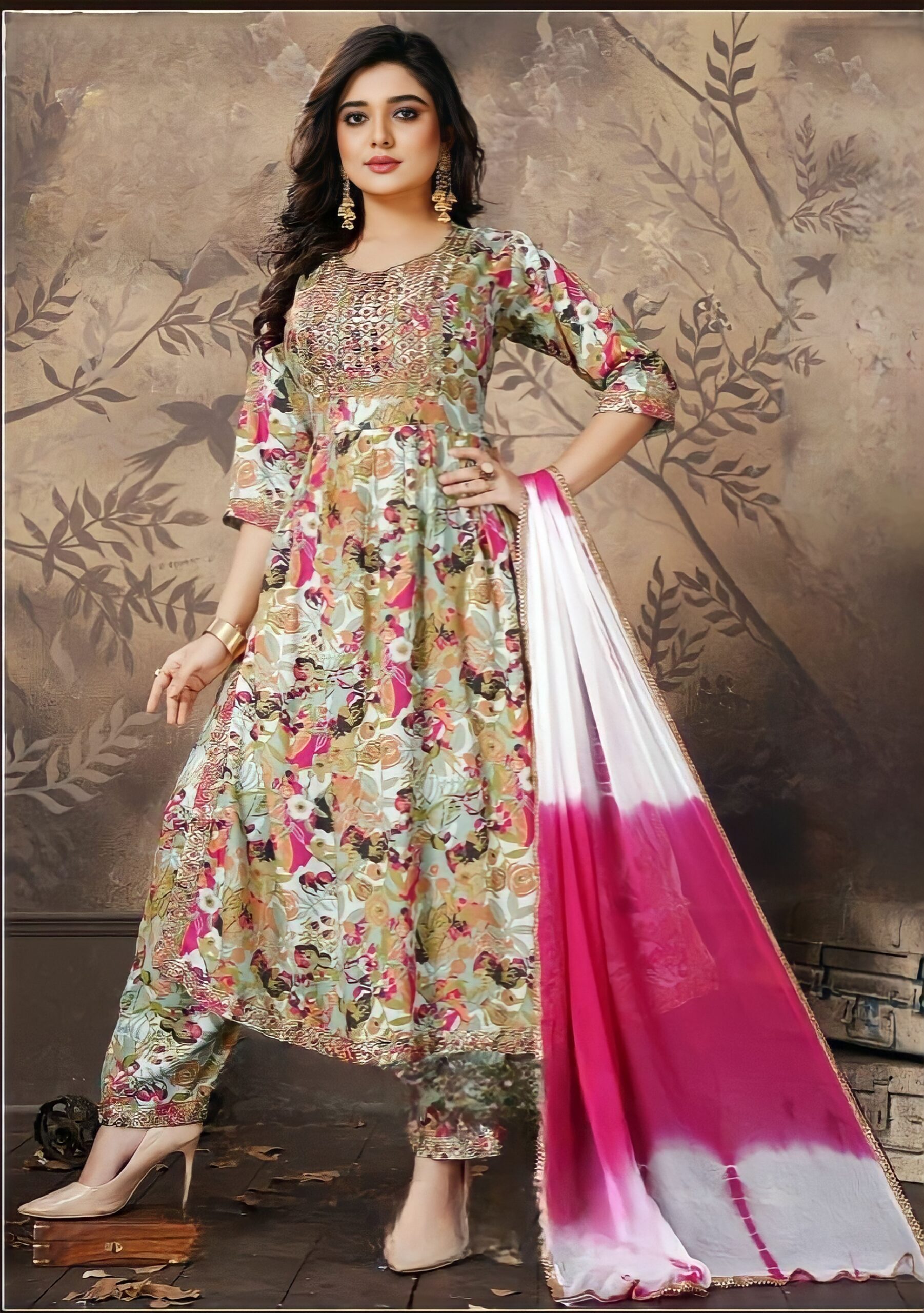 Green Floral Printed Suit Set In Cotton 4924SL02