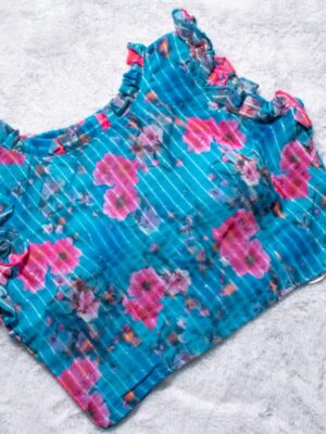 Ruffle neck floral printed sequins blouse