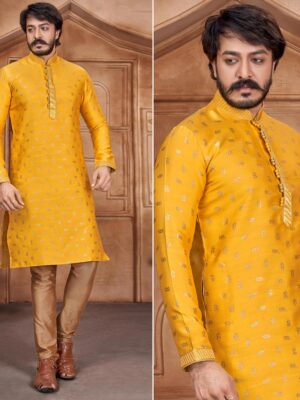 Yellow woven silk kurta pyjama