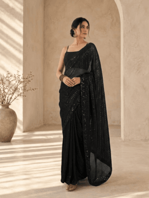 Elegant Black Sequin & Thread Work Saree with Strappy Blouse