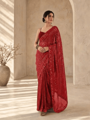 Dazzling Red Sequin Embellished Saree with Strappy Blouse