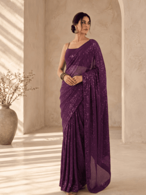 Radiant Purple Sequin Embellished Saree with Strappy Blouse