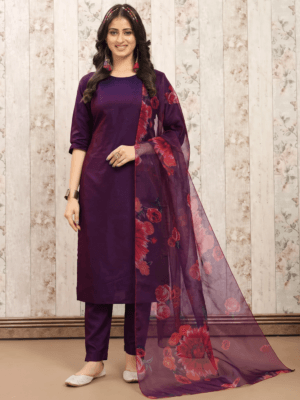 Silk kurti pant with printed organza dupatta