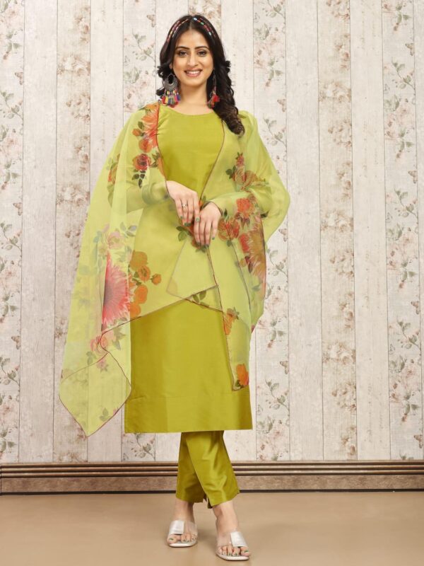 Silk kurti pant with printed organza dupatta