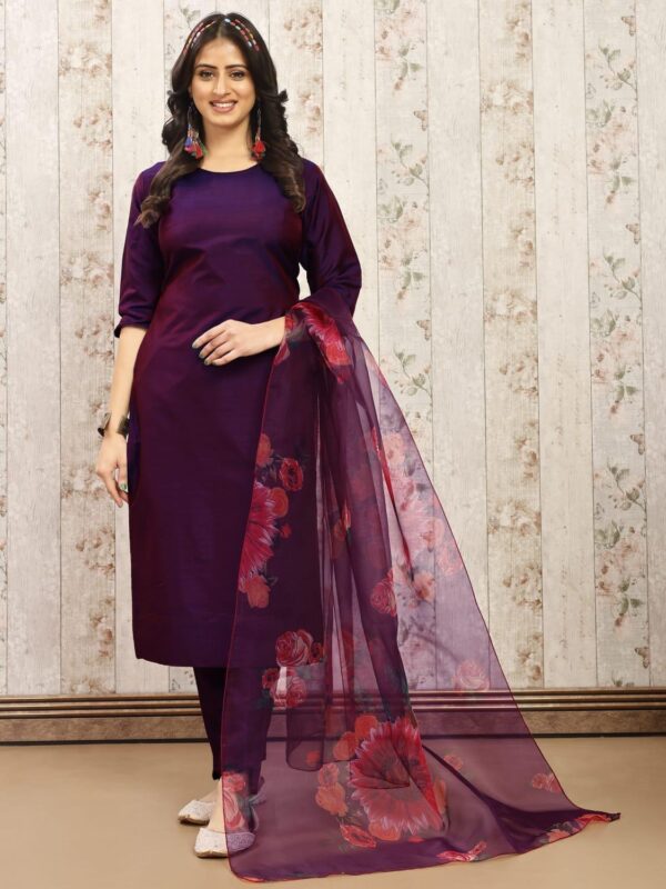 Silk kurti pant with printed organza dupatta