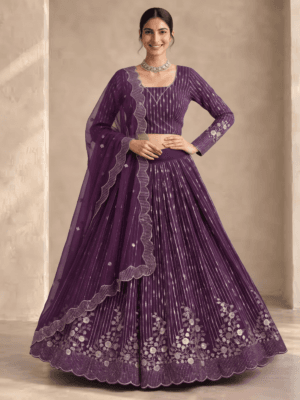 Purple georgette embroidered partywear lahengha