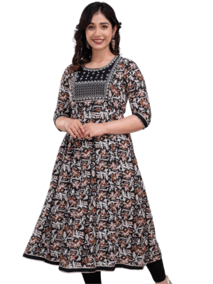 Women's Black and Off-White Printed Anarkali Kurta with Embroidered Yoke