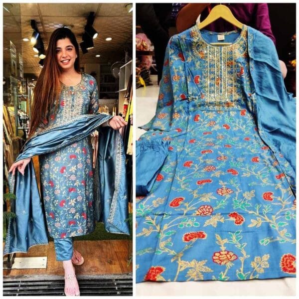 Cotton sequins worked suit with chiffon dupatta