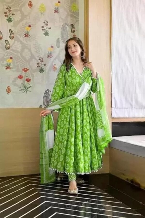 Cotton anarkali suit with pompoms - Image 3