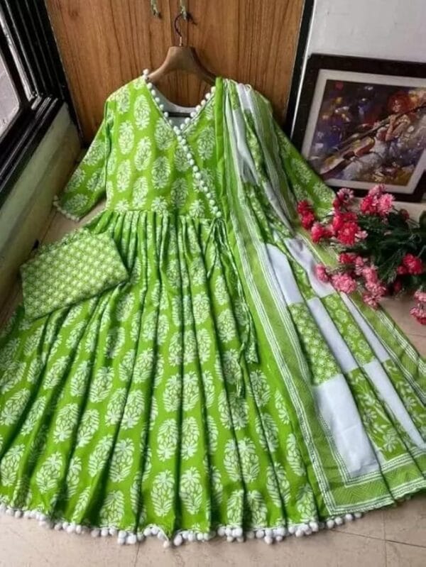 Cotton anarkali suit with pompoms - Image 5
