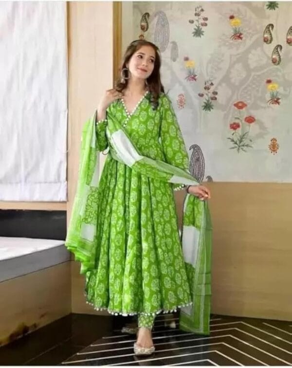 Cotton anarkali suit with pompoms