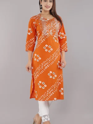 Women's Orange Bandhani Printed Kurta with Embroidered Yoke