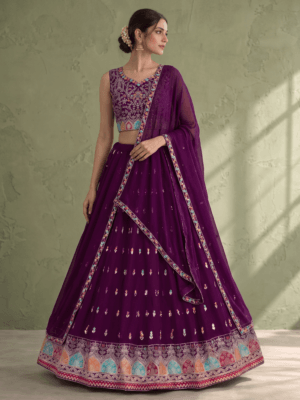 Royal Plum Embroidered Lehenga Choli Set with Sequin Detailing