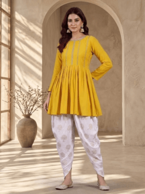 Women's Yellow Embroidered Peplum Kurta with Printed Dhoti Pants Set