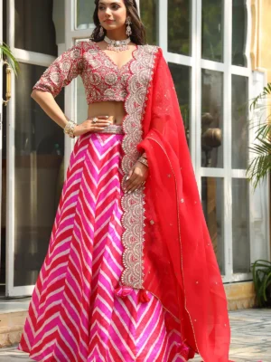 Hot Pink & Red Striped Lehenga Choli with Embroidered Blouse and Dupatta