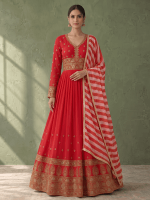 Georgette Fabric Gown With Laheriya Dupatta